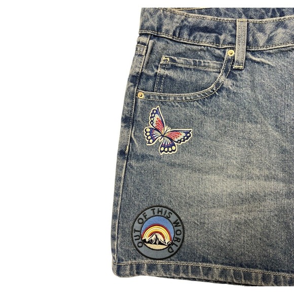 Wild Fable Denim Mini Skirt 8 Blue Medium‎ Wash Patches Trendy Collegiate New - Picture 7 of 9